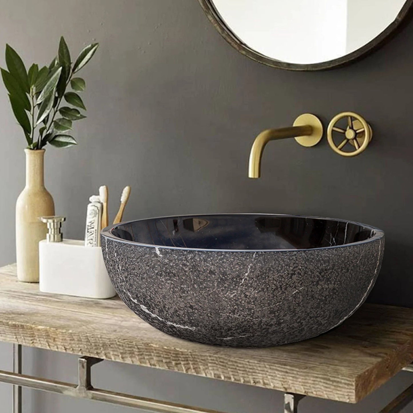 Toros Black Marble Above-Vanity Bathroom Vessel Sink Rough Exterior (D)16" (H)6"