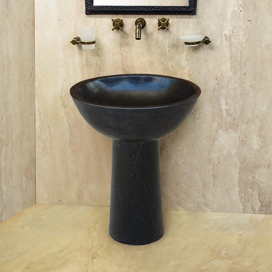 Toros Black Marble Natural Stone Stand-Alone Pedestal Oval Top Sink (W)17" (L)20" (H)33.5"