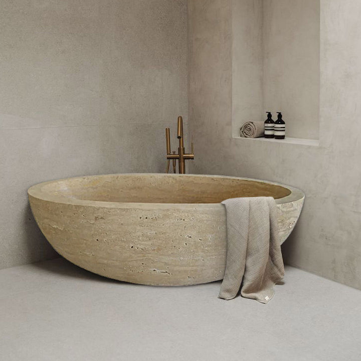 Troia Light Travertine Bathtub Hand-carved from Solid Marble Block (W)32" (L)70" (H)20"