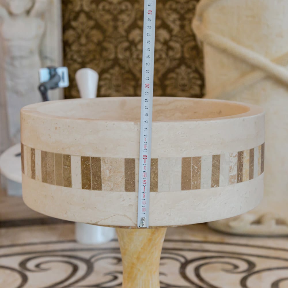 Troia Light Travertine Cylinder Above Vanity Bathroom Sink 2" Embedded Mosaics Border