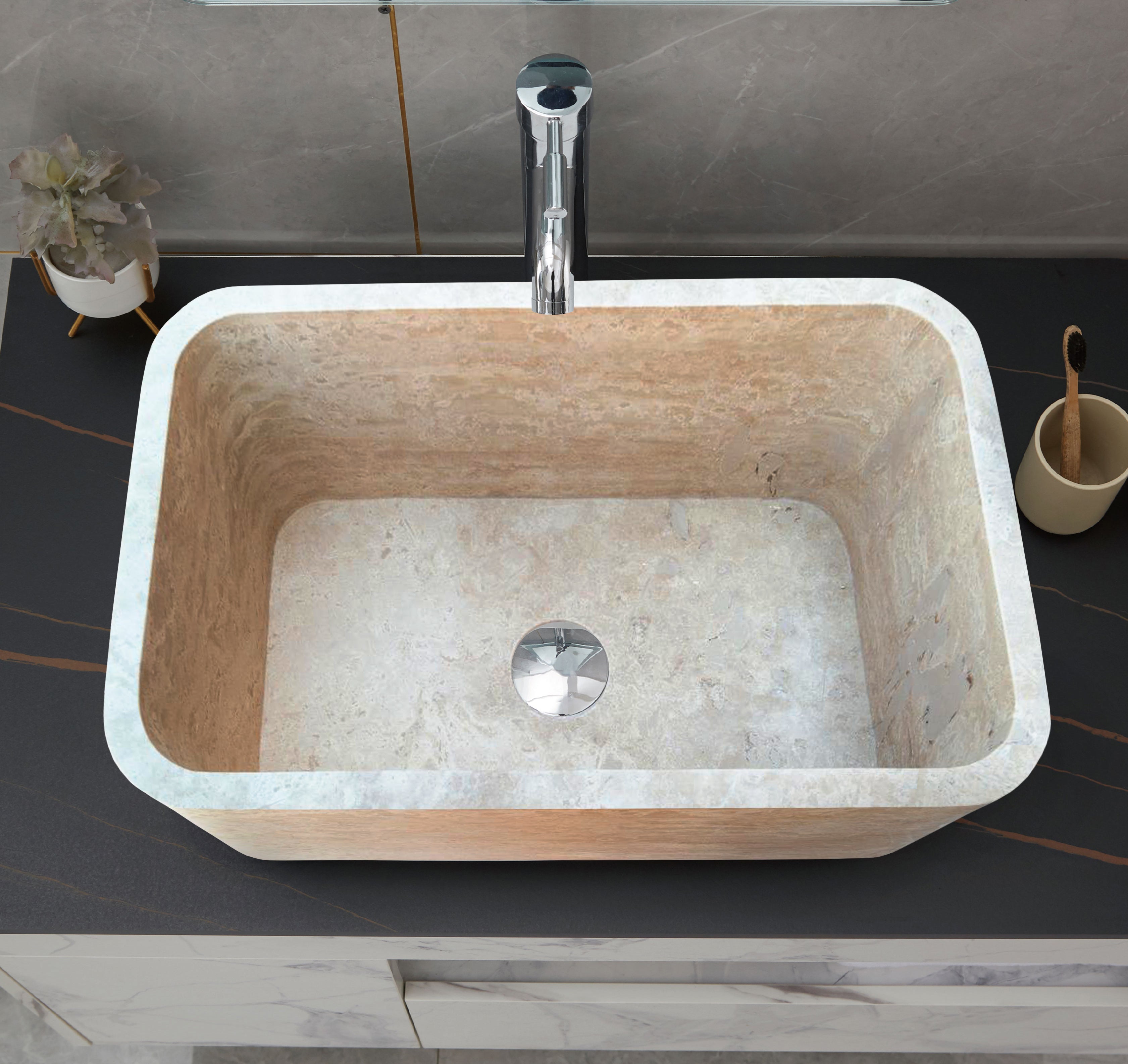 Troia Light Travertine Rectangular Farmhouse Kitchen Sink Honed (W)18" (L)30" (H)10"