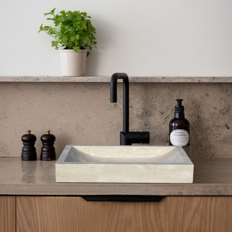 Troia Light Travertine Rectangular Above Vanity Bathroom Vessel Sink (W)16" (L)27.5" (H)4"