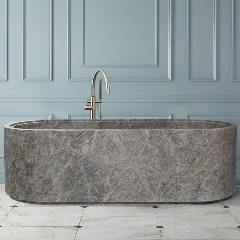 Tundra Gray Marble Bathtub Hand-carved from Solid Marble Block (W)29.5" (L)67" (H)19.5"