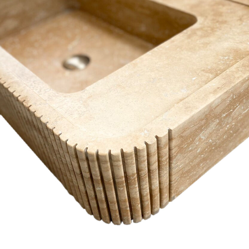 Tuscany Walnut Travertine Wall-mount Bathroom Vanity Sink Ribbed Textured Front