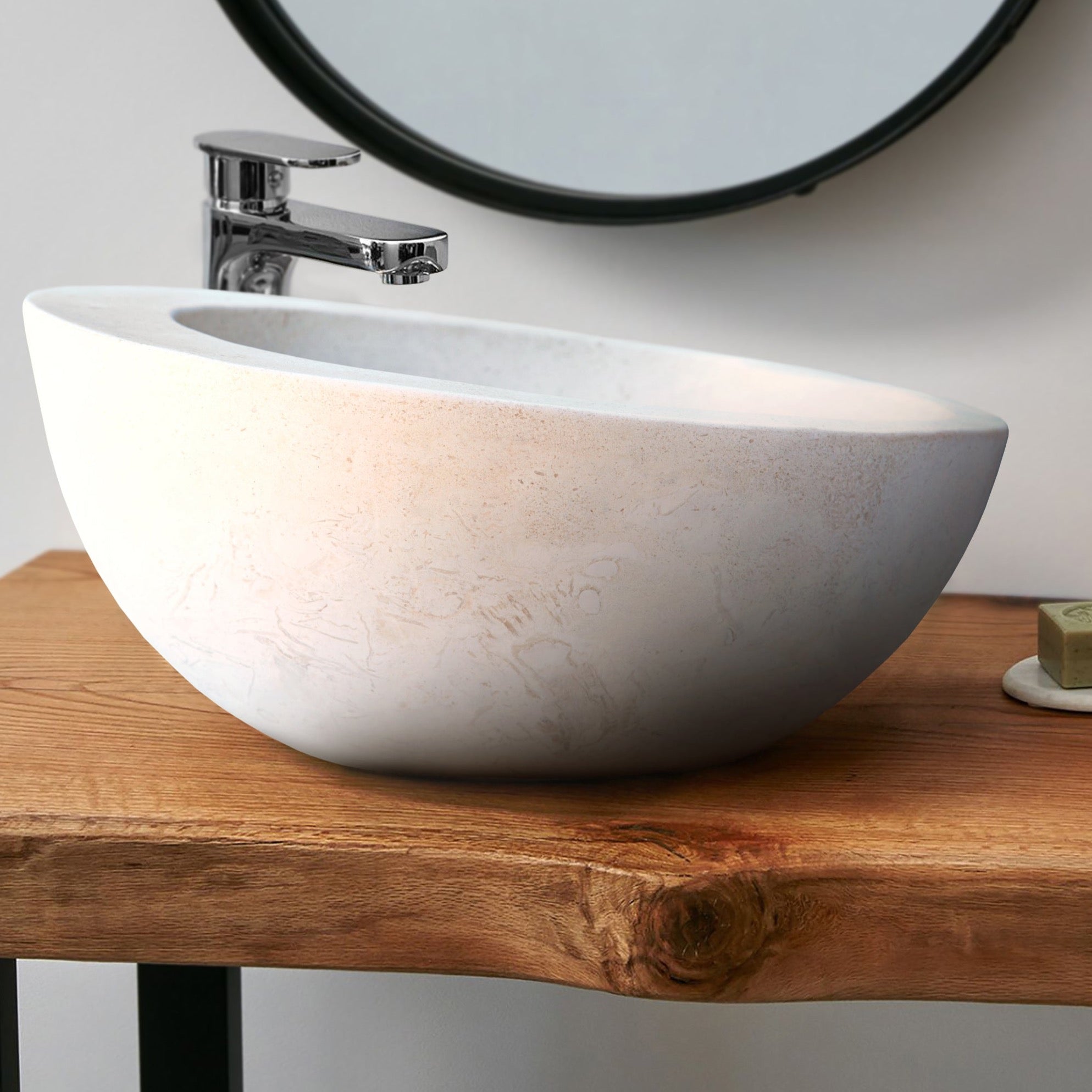 White Limestone Natural Stone Sloped Rim Above Vanity Bathroom Sink