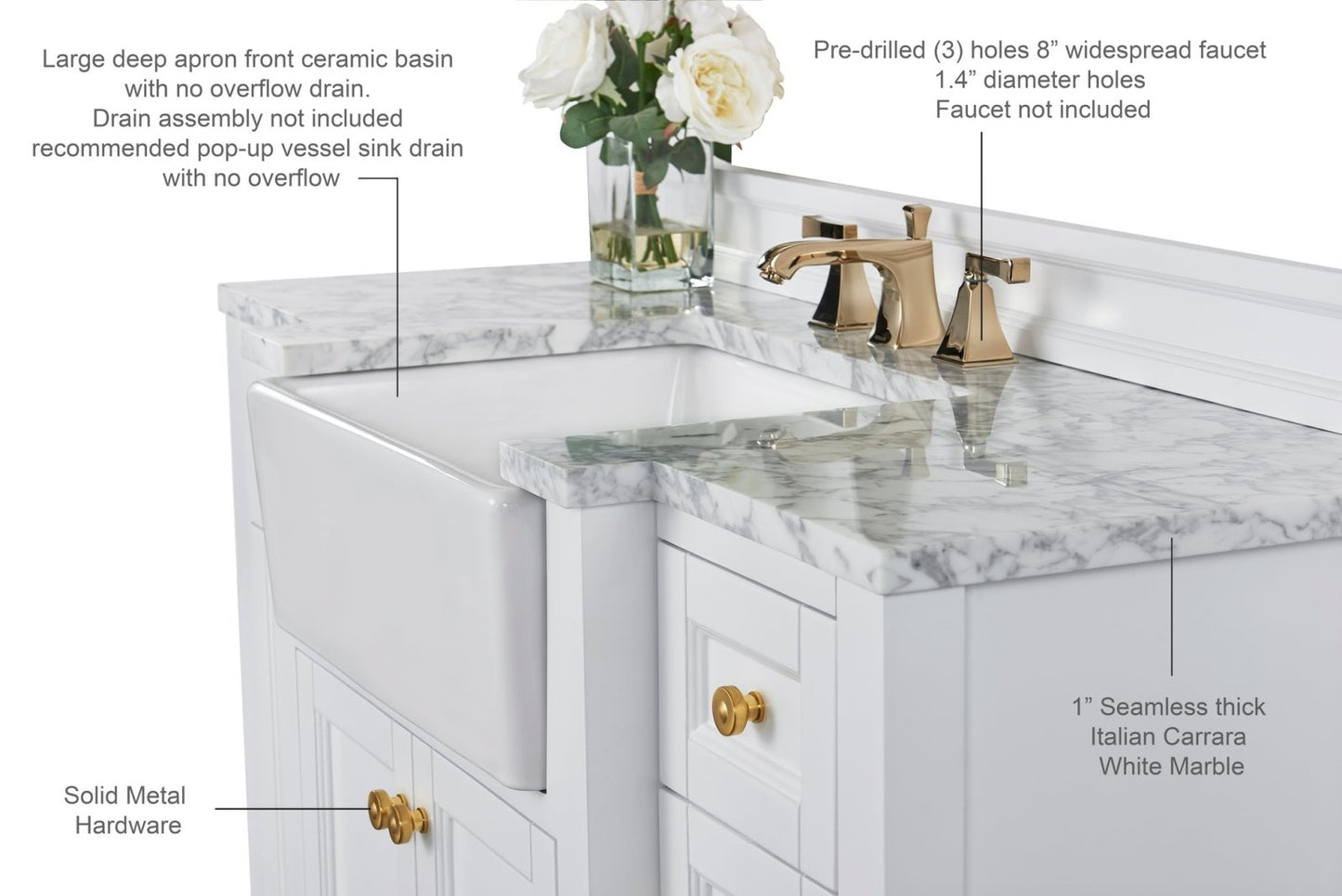 Adeline Bathroom Vanity with Farmhouse Sink and Carrara White Marble Top Cabinet Set