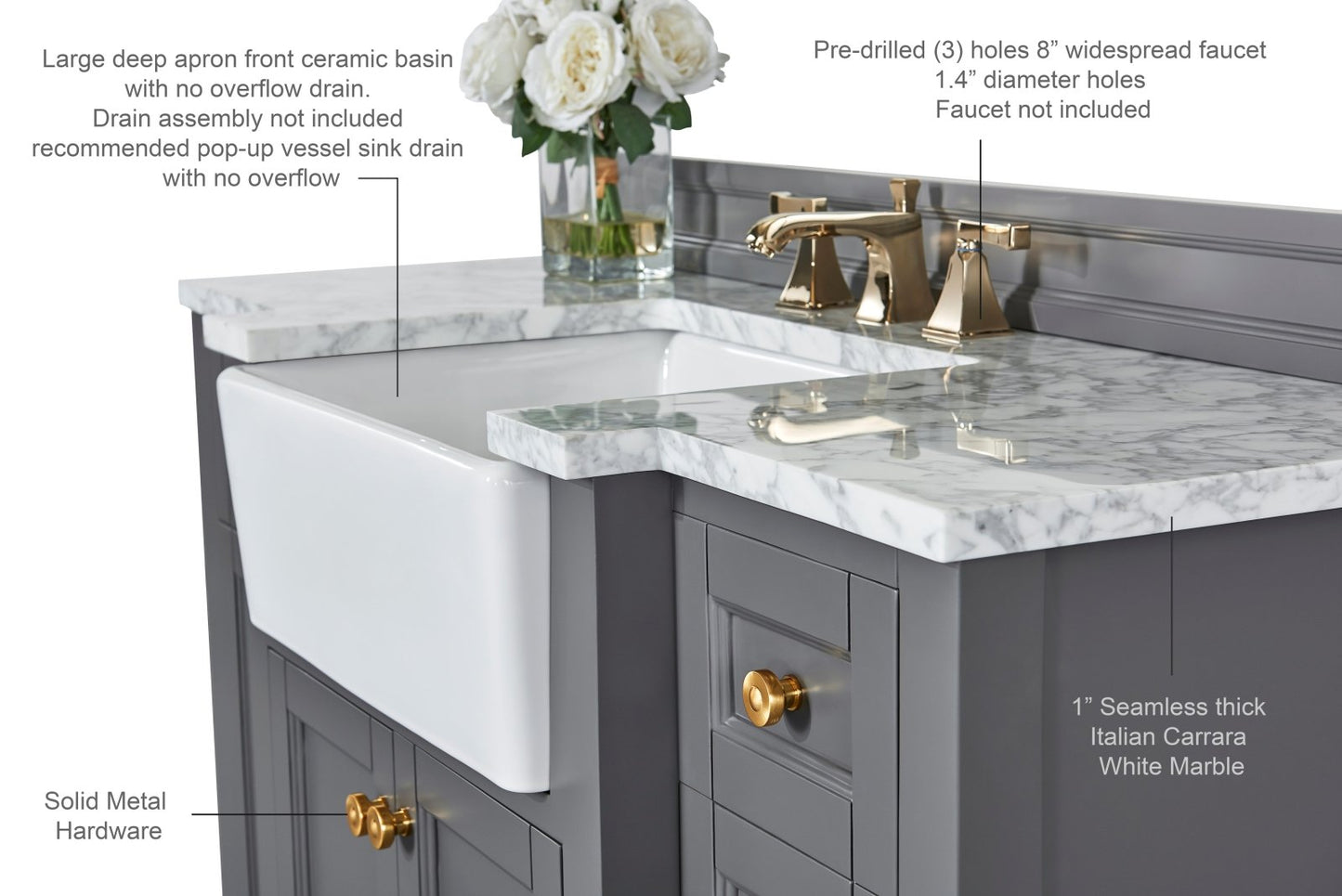 Adeline Bathroom Vanity with Farmhouse Sink and Carrara White Marble Top Cabinet Set