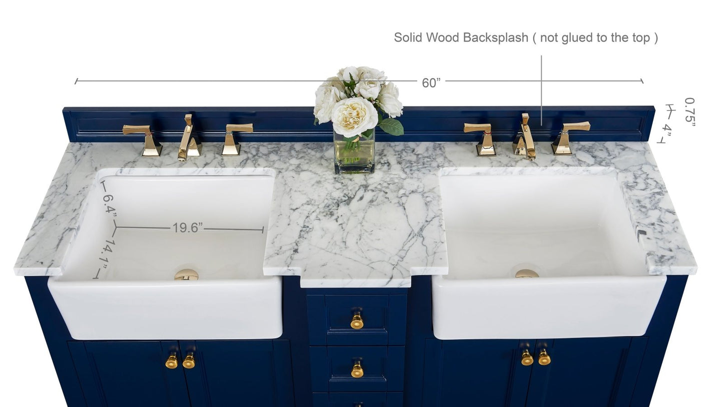 Adeline Bathroom Vanity with Farmhouse Sink and Carrara White Marble Top Cabinet Set