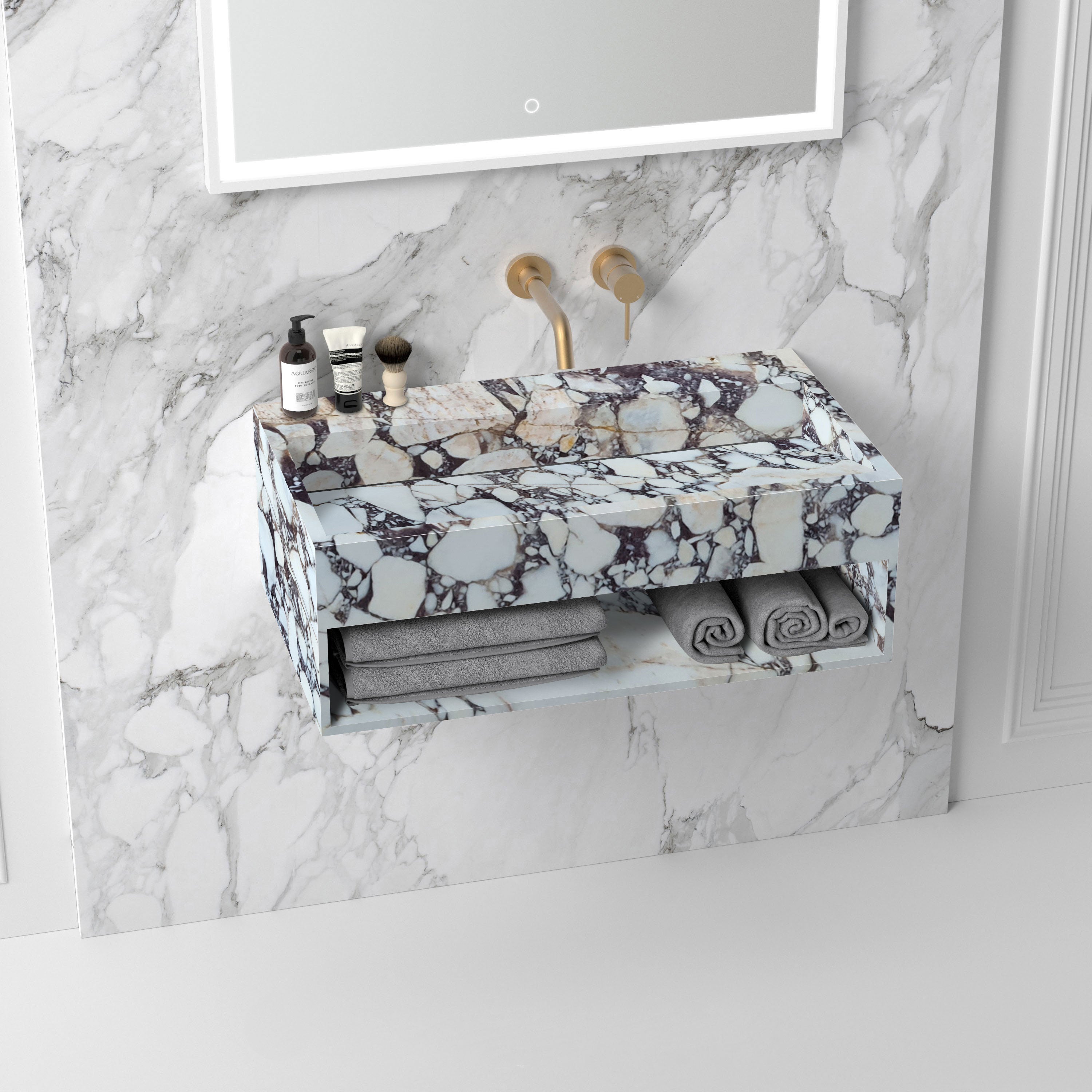 Calacatta Viola Marble Wall-mount Bathroom Sink Hidden Drain with Storage