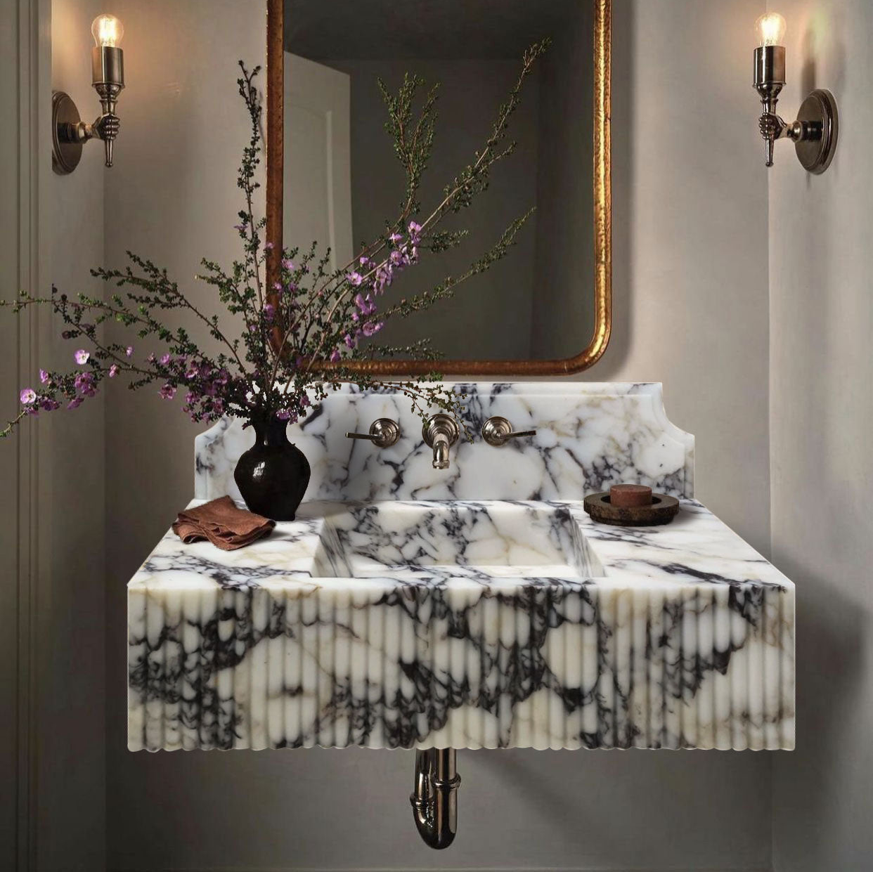 Calacatta Viola Marble Wall-mount Bathroom Vanity Sink Fluted Front (W)21" (L)37"