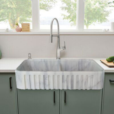 Carrara White Marble Farmhouse Apron Kitchen Double Sink (W)18" (L)36" (H)8"