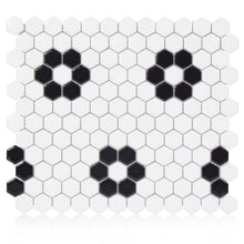 Load image into Gallery viewer, Blossom Hex White w/ Black 1-Inch Flower Mosaic Tile - 20 pcs per case - Industry Tile