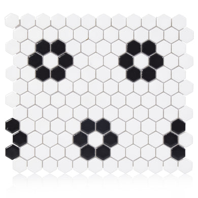 Blossom Hex White w/ Black 1-Inch Flower Mosaic Tile - 20 pcs per case - Industry Tile
