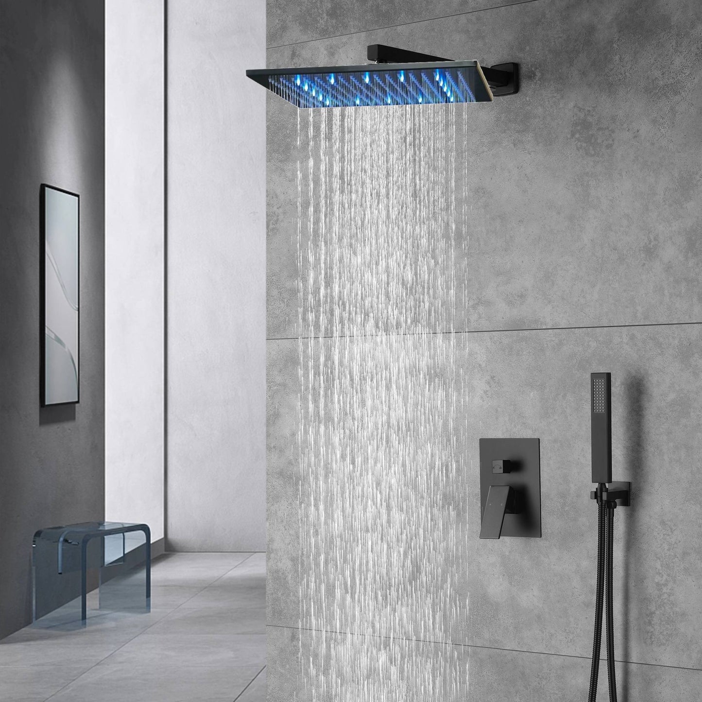 12'' or 16'' Matte Black Wall Mounted Rainfall Shower Faucet with LED or Non-LED Light - Dual Function with Pressure Balance Rough-In Valve