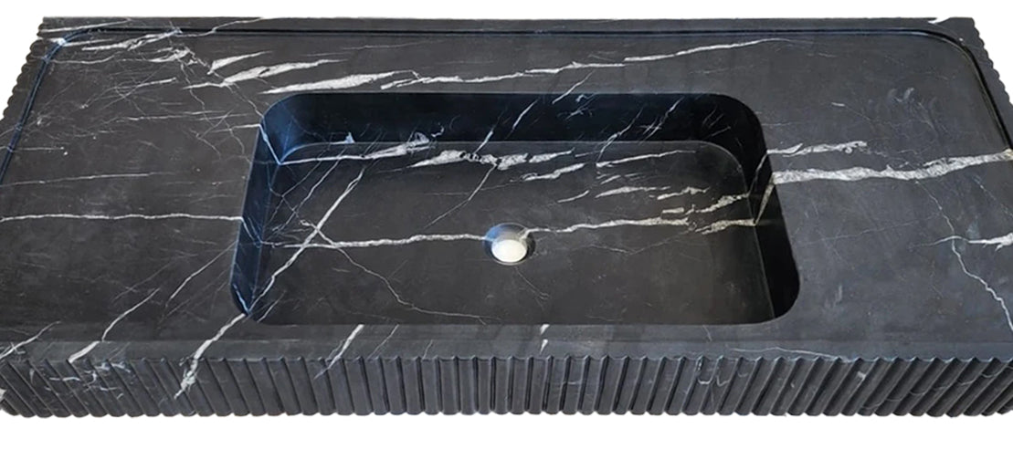 Nero Marquina Marble Wall-mount Bathroom Vanity Sink Fluted Front (W)20" (L)48" (H)5"