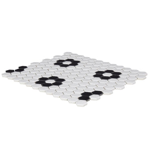 Blossom Hex White w/ Black 1-Inch Flower Mosaic Tile - 20 pcs per case - Industry Tile