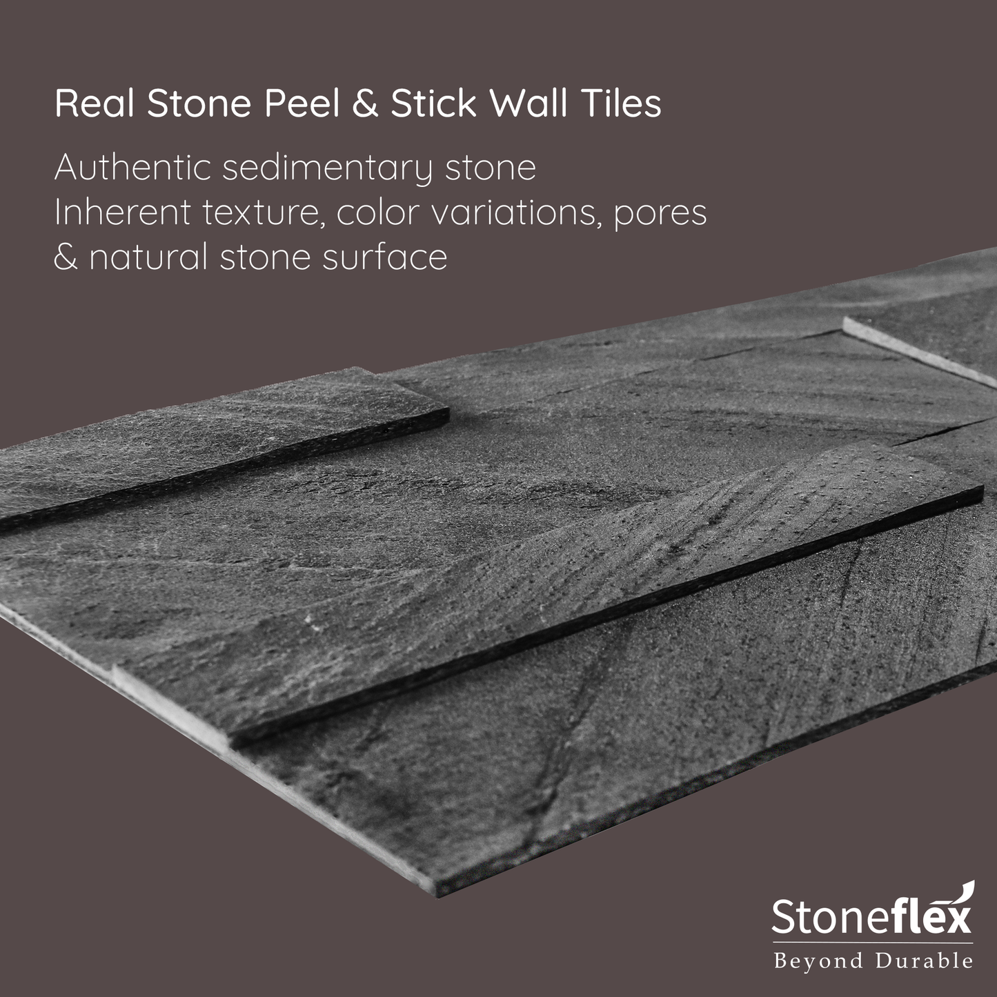 Shadow Gray - Self-Adhesive 3D Peel & Stick Real Stacked Stone Tiles [Pack of 10]