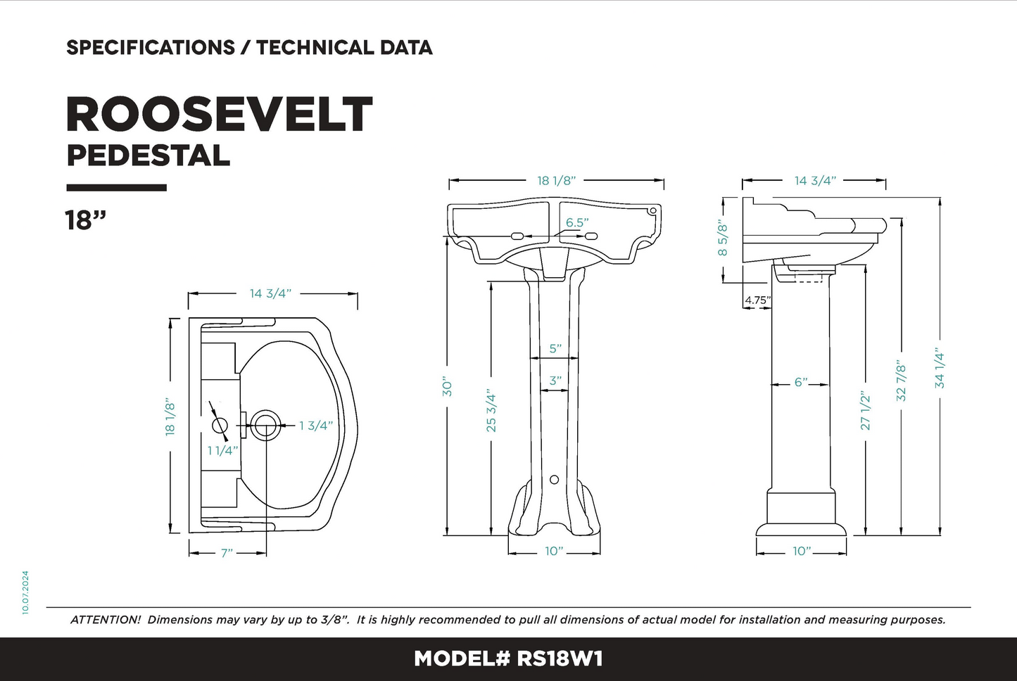 Roosevelt White Pedestal Sink - Vitreous China Ceramic Material - 19"x15"