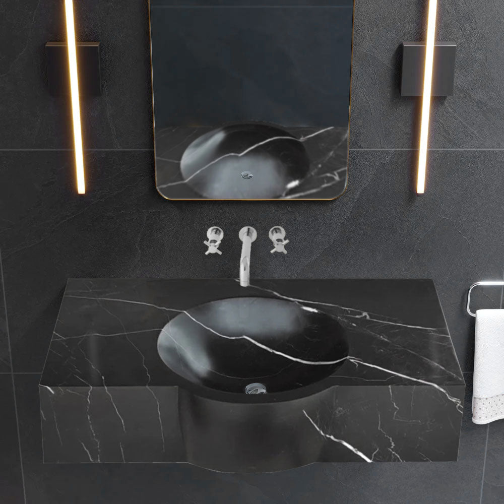 Toros Black Marble Rectangular Wall-mount Bathroom Sink (W)17" (L)30" (H)6"