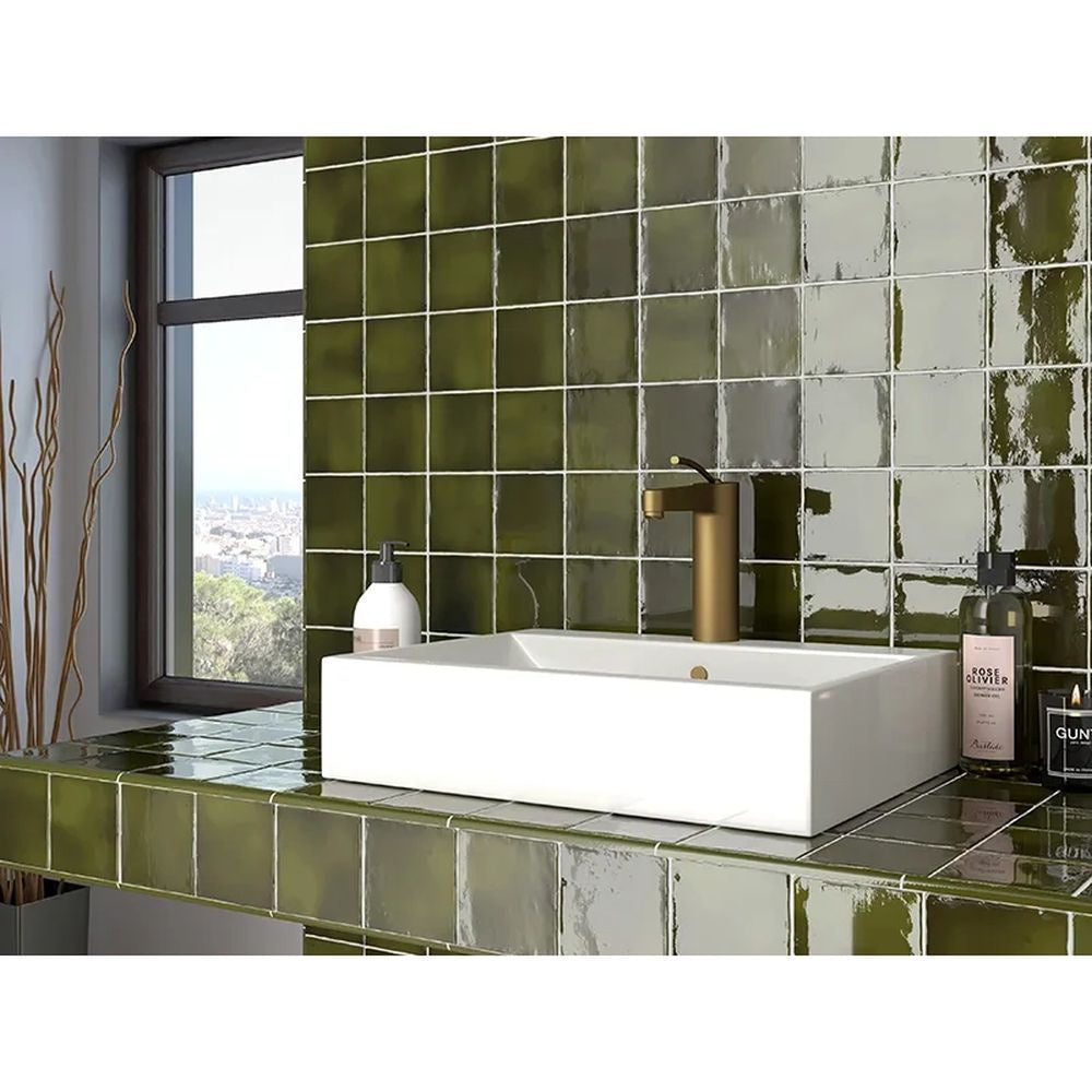 Basil Green Gloss Ceramic Tile Collection – 4x4 | 2.6x16 | Pencil Trim  SKU: CRE-BAS-PEN