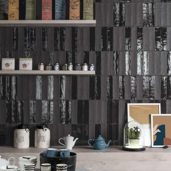 2x10 Modern Brick Black Gloss porcelain tile - Industry Tile