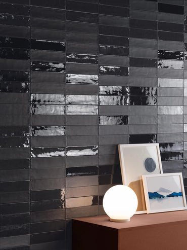 2x10 Modern Brick Black Gloss porcelain tile - Industry Tile
